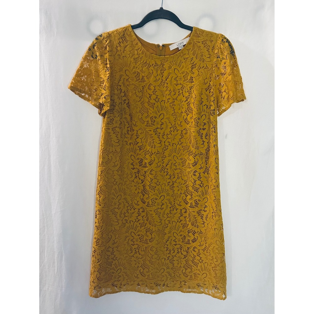 LOFT Ann Taylor Mustard Yellow Floral Lace Shift Dress Short Sleeve Size 2